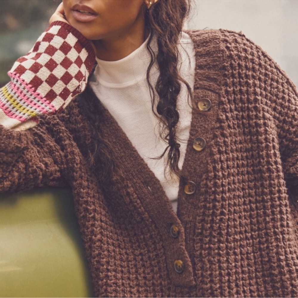 Free People Whistle Thermal Henley Sweater in Brownstone Combo, Size Small